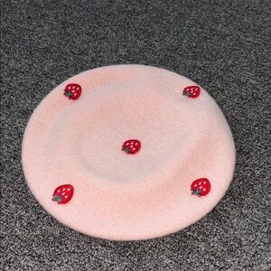 Pink Beret with Strawberry Embroidery